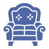 Blue armchair icon on black background.