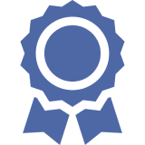Blue award ribbon icon on black background.